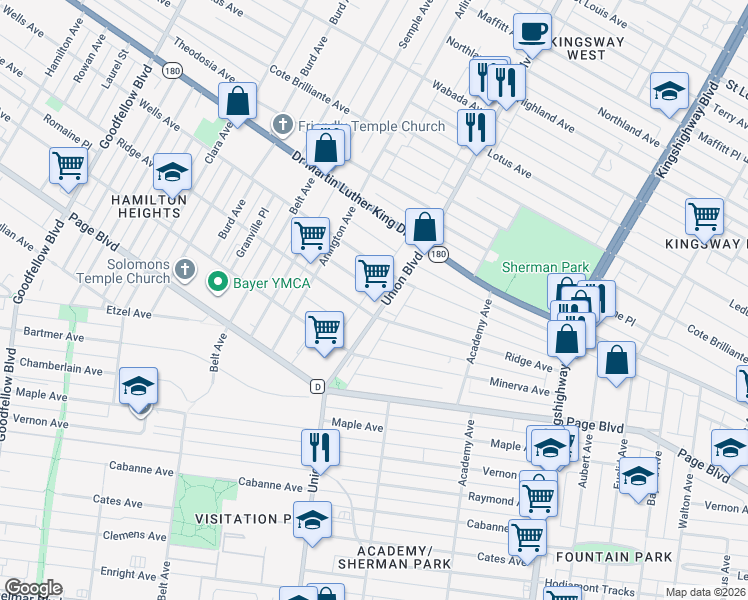 map of restaurants, bars, coffee shops, grocery stores, and more near 1415 Union Boulevard in St. Louis