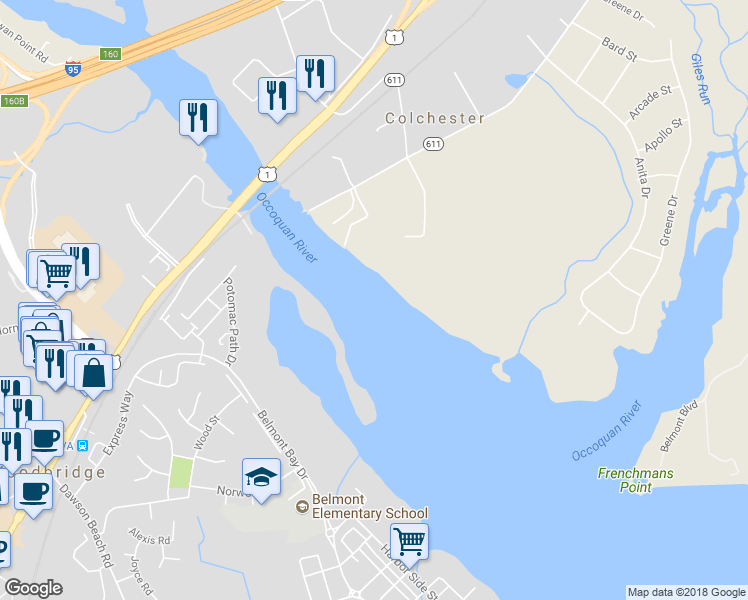 map of restaurants, bars, coffee shops, grocery stores, and more near 8612 Buckboard Drive in Alexandria