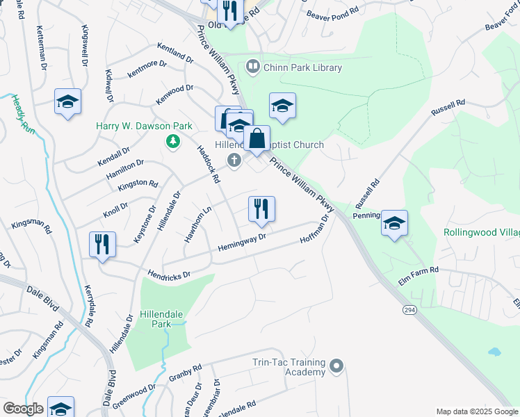 map of restaurants, bars, coffee shops, grocery stores, and more near 4211 Holiday Court in Woodbridge
