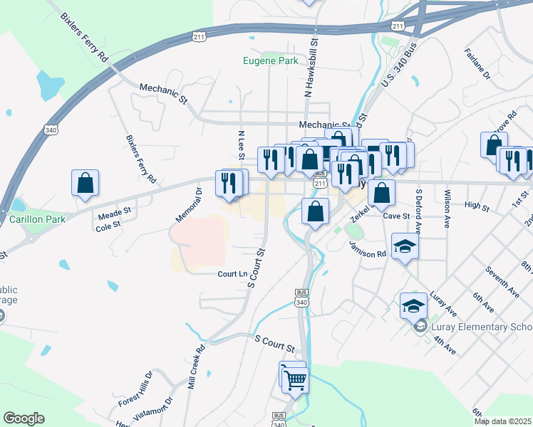map of restaurants, bars, coffee shops, grocery stores, and more near 116 South Court Street in Luray