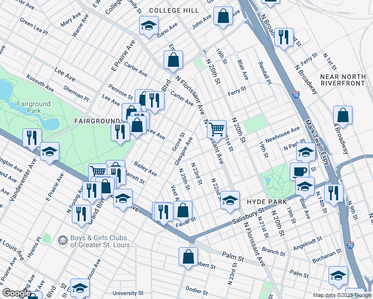 map of restaurants, bars, coffee shops, grocery stores, and more near 4132 Glasgow Avenue in St. Louis