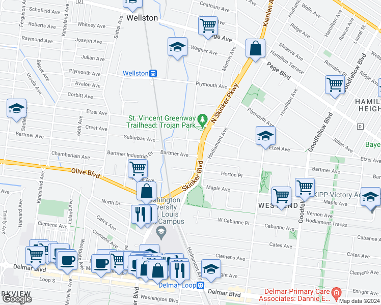 map of restaurants, bars, coffee shops, grocery stores, and more near 6145 Bartmer Avenue in St. Louis