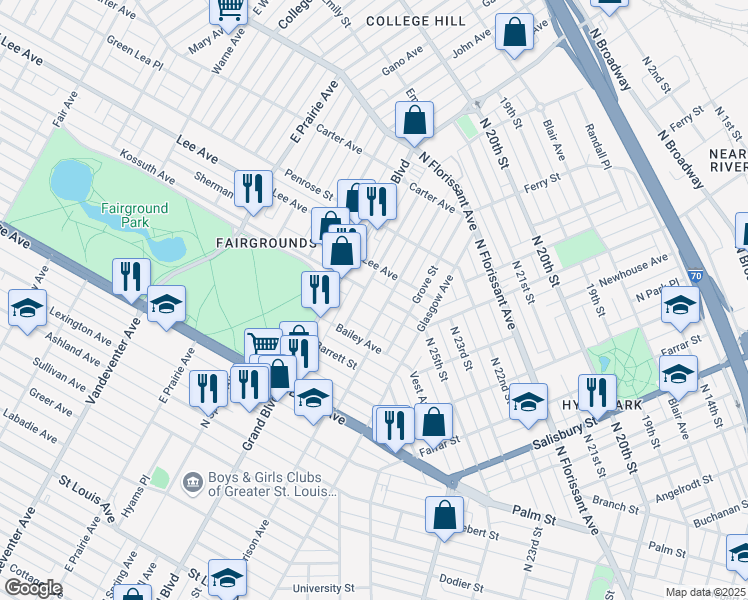 map of restaurants, bars, coffee shops, grocery stores, and more near 4040 Peck Street in St. Louis