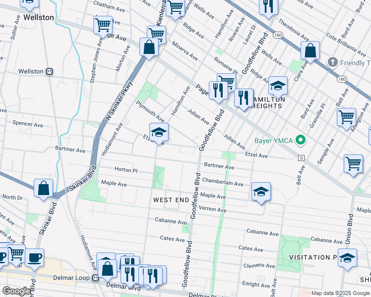 map of restaurants, bars, coffee shops, grocery stores, and more near 5834 Etzel Avenue in St. Louis