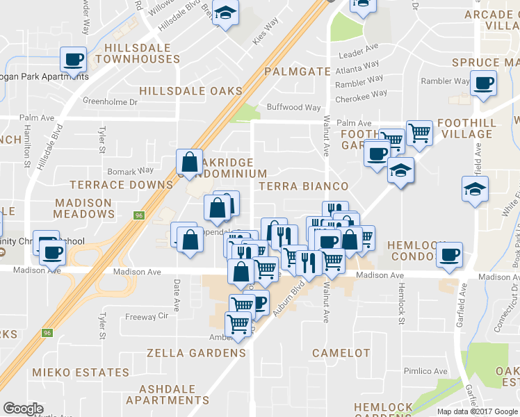 map of restaurants, bars, coffee shops, grocery stores, and more near 4969 Summerwood Circle in Sacramento