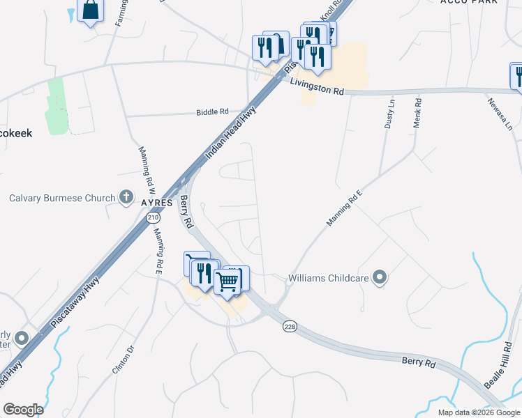 map of restaurants, bars, coffee shops, grocery stores, and more near 16408 Tortola Drive in Accokeek