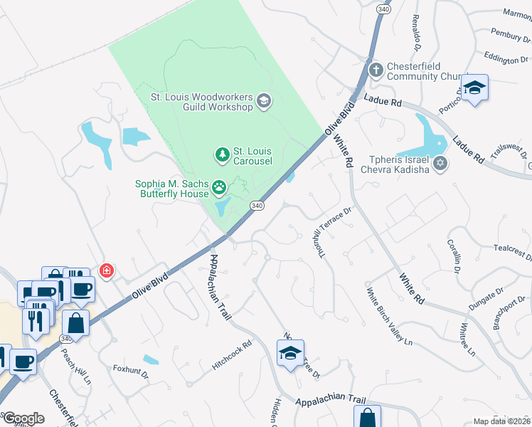 map of restaurants, bars, coffee shops, grocery stores, and more near 301 Calliope Pl in Chesterfield