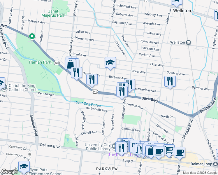 map of restaurants, bars, coffee shops, grocery stores, and more near 6778 Chamberlain Avenue in University City