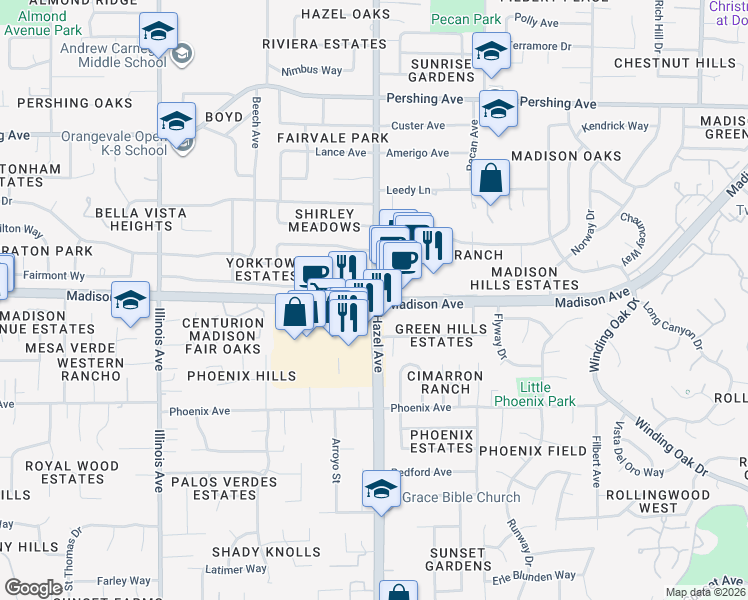 map of restaurants, bars, coffee shops, grocery stores, and more near Madison Avenue & Hazel Avenue in Fair Oaks