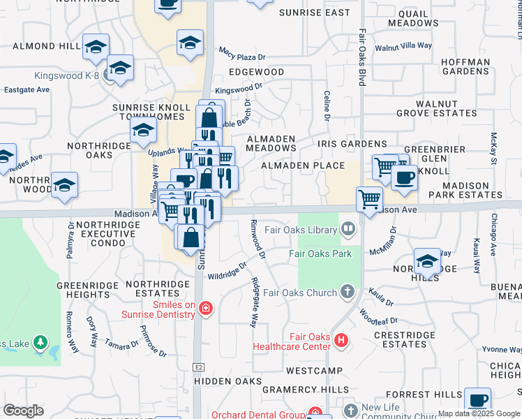 map of restaurants, bars, coffee shops, grocery stores, and more near 7969 Madison Avenue in Citrus Heights