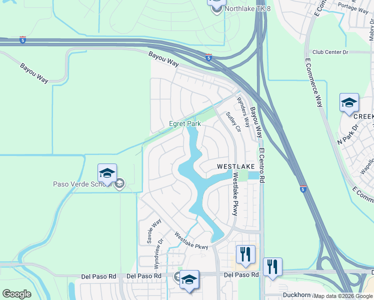 map of restaurants, bars, coffee shops, grocery stores, and more near 610 Hawkcrest Circle in Sacramento