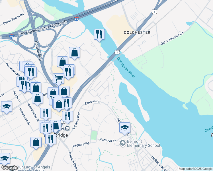 map of restaurants, bars, coffee shops, grocery stores, and more near 13342 Ferry Landing Lane in Woodbridge