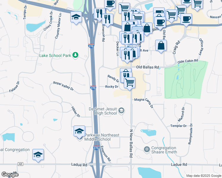 map of restaurants, bars, coffee shops, grocery stores, and more near 11934 Rocky Drive in Creve Coeur