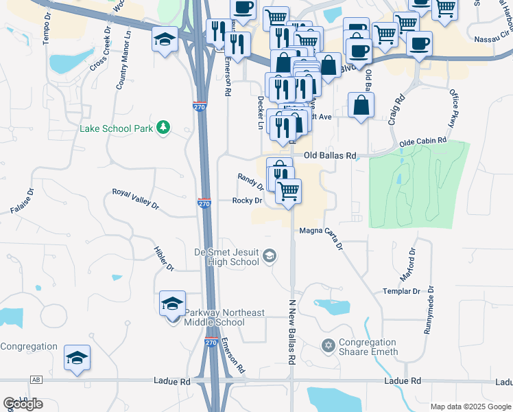 map of restaurants, bars, coffee shops, grocery stores, and more near 11934 Rocky Drive in Creve Coeur