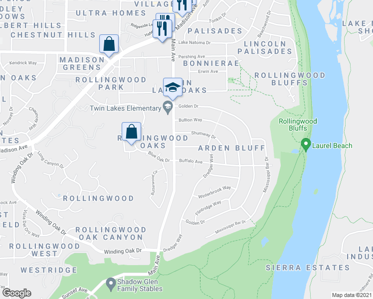 map of restaurants, bars, coffee shops, grocery stores, and more near 9412 Drift Way in Orangevale
