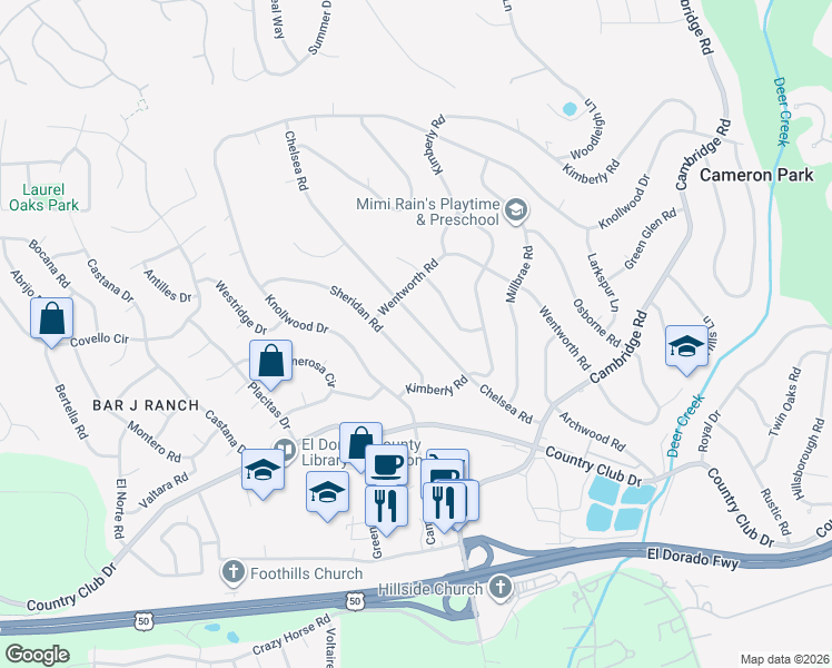 map of restaurants, bars, coffee shops, grocery stores, and more near 3690 Chelsea Road in Cameron Park