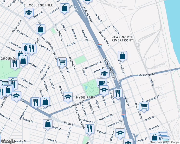 map of restaurants, bars, coffee shops, grocery stores, and more near 3939 Blair Avenue in St. Louis