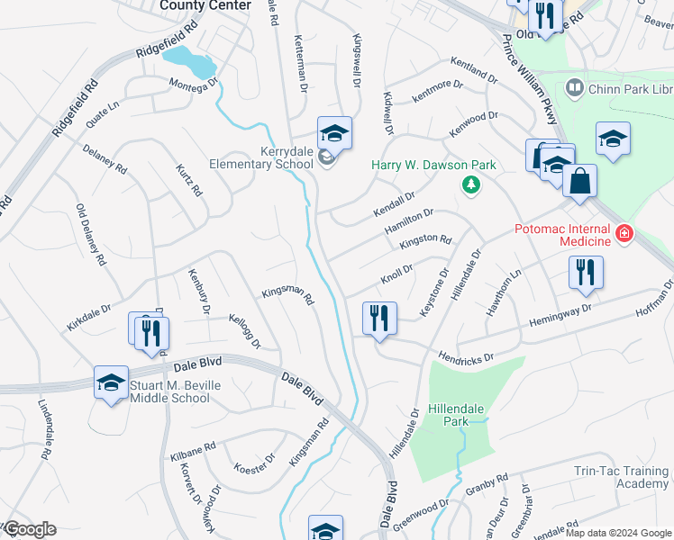 map of restaurants, bars, coffee shops, grocery stores, and more near 13303 Kerrydale Road in Woodbridge