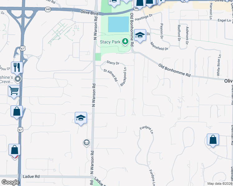 map of restaurants, bars, coffee shops, grocery stores, and more near 23 Saint Alfred Road in Olivette