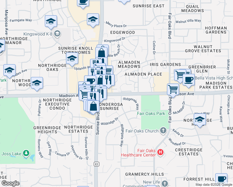 map of restaurants, bars, coffee shops, grocery stores, and more near 7969 Madison Avenue in Citrus Heights