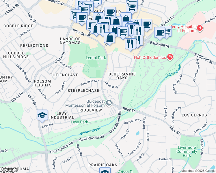 map of restaurants, bars, coffee shops, grocery stores, and more near 106 Timson Drive in Folsom