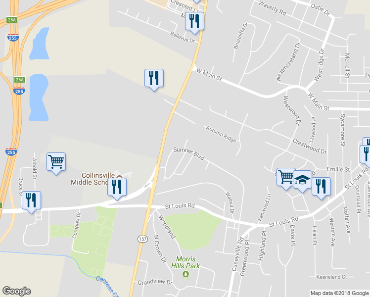 map of restaurants, bars, coffee shops, grocery stores, and more near 111 Skyview Lane in Collinsville