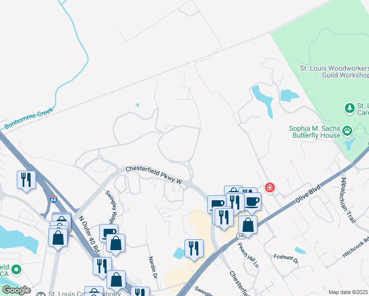 map of restaurants, bars, coffee shops, grocery stores, and more near 700 Chesterfield Parkway West in Chesterfield