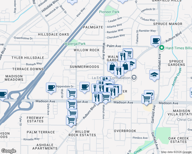 map of restaurants, bars, coffee shops, grocery stores, and more near 5341 Walnut Avenue in Sacramento