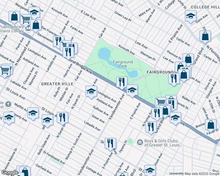 map of restaurants, bars, coffee shops, grocery stores, and more near 3959 Palm Street in St. Louis