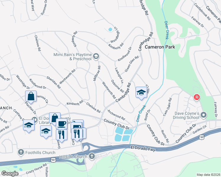 map of restaurants, bars, coffee shops, grocery stores, and more near 2831 Wentworth Road in Cameron Park