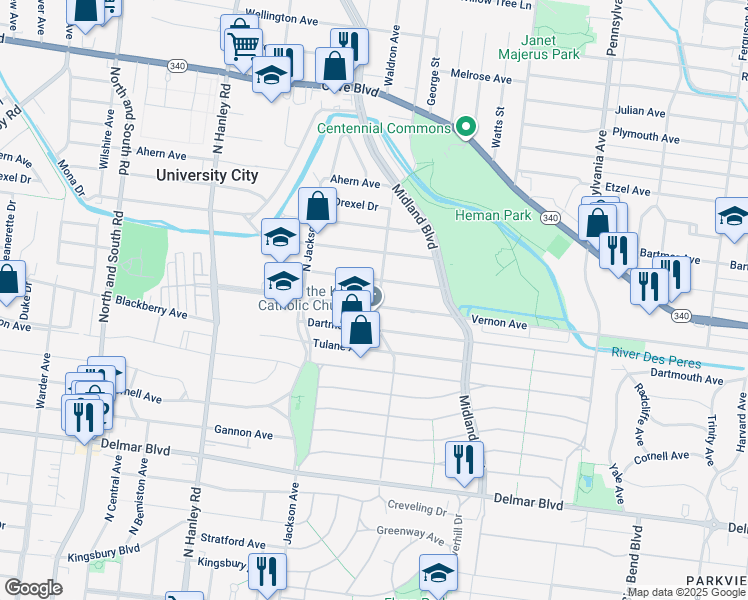 map of restaurants, bars, coffee shops, grocery stores, and more near 7303 Balson Avenue in University City