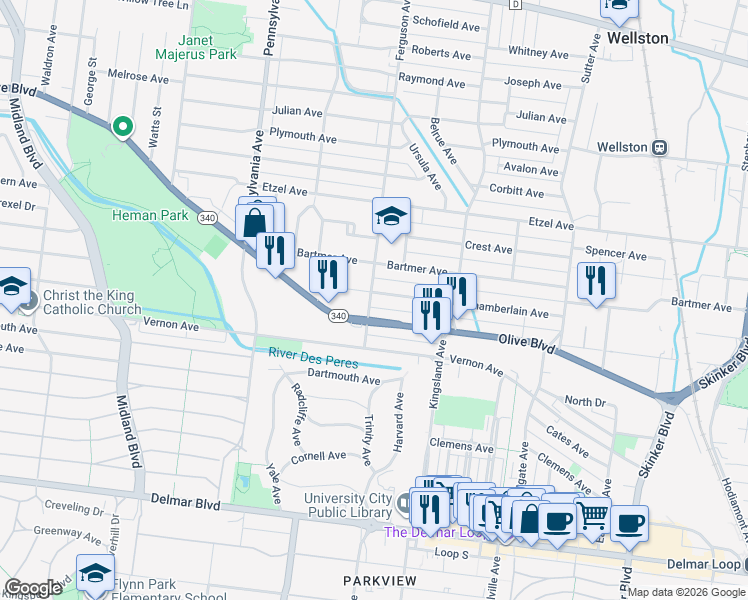 map of restaurants, bars, coffee shops, grocery stores, and more near 6778 Chamberlain Avenue in University City