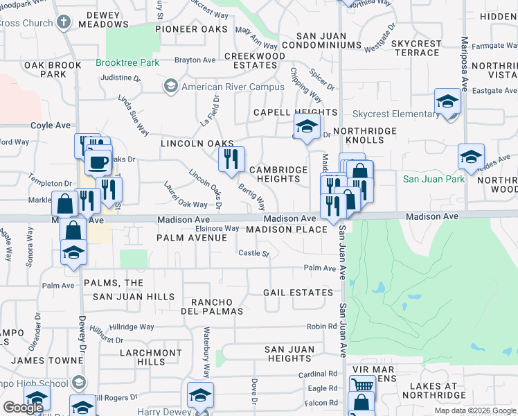 map of restaurants, bars, coffee shops, grocery stores, and more near 5407 Bartig Way in Citrus Heights