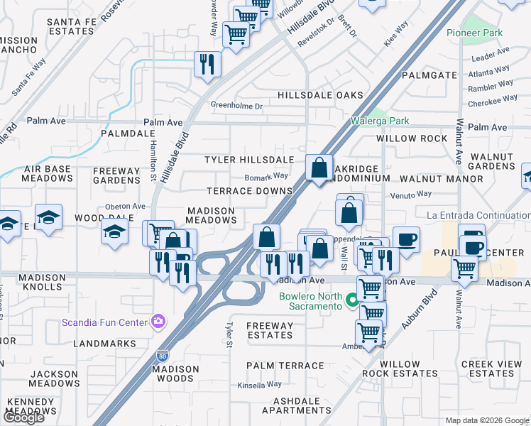 map of restaurants, bars, coffee shops, grocery stores, and more near 4536 Zachary Way in Sacramento