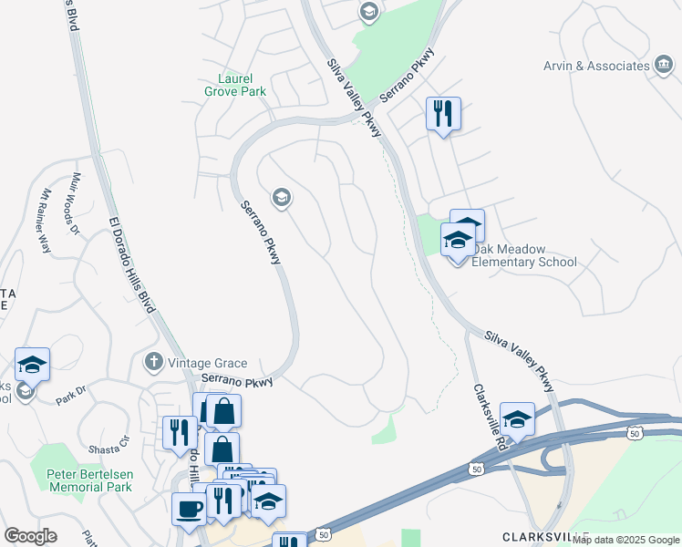 map of restaurants, bars, coffee shops, grocery stores, and more near 1283 Souza Drive in El Dorado Hills