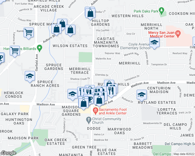 map of restaurants, bars, coffee shops, grocery stores, and more near 5318 Manzanita Avenue in Carmichael