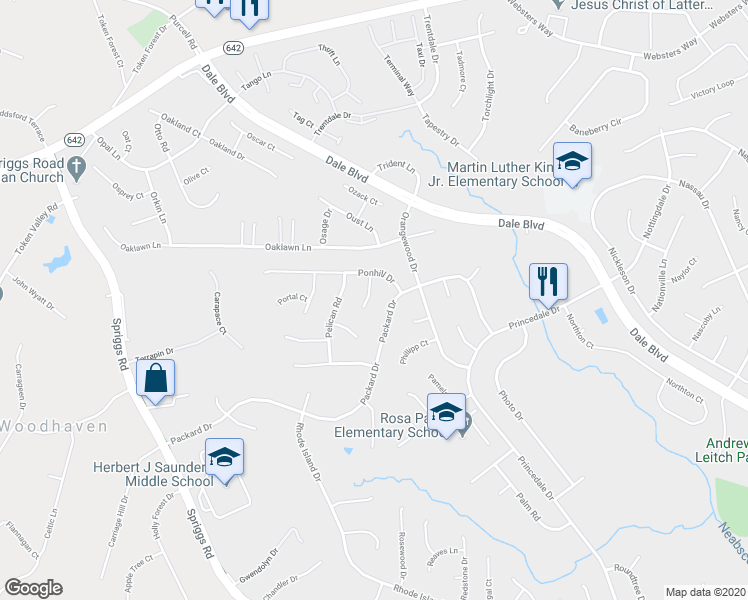 map of restaurants, bars, coffee shops, grocery stores, and more near 13357 Prospect Court in Woodbridge