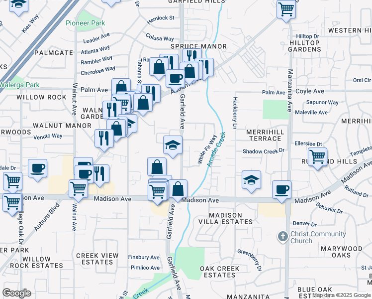 map of restaurants, bars, coffee shops, grocery stores, and more near 5364 Garfield Avenue in Sacramento