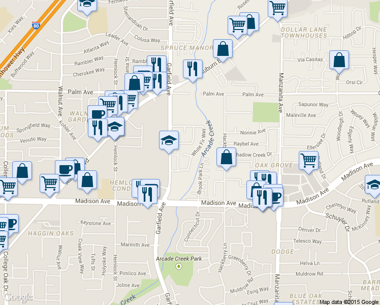 map of restaurants, bars, coffee shops, grocery stores, and more near 5608 White Fir Way in Sacramento