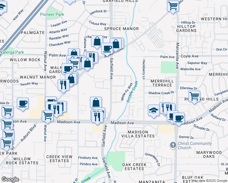 map of restaurants, bars, coffee shops, grocery stores, and more near 5364 Garfield Avenue in Sacramento