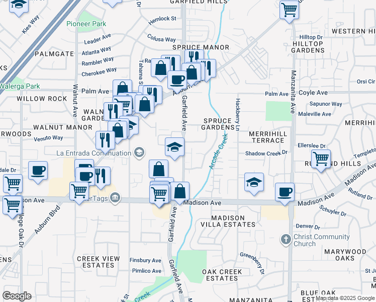 map of restaurants, bars, coffee shops, grocery stores, and more near 5364 Garfield Avenue in Sacramento