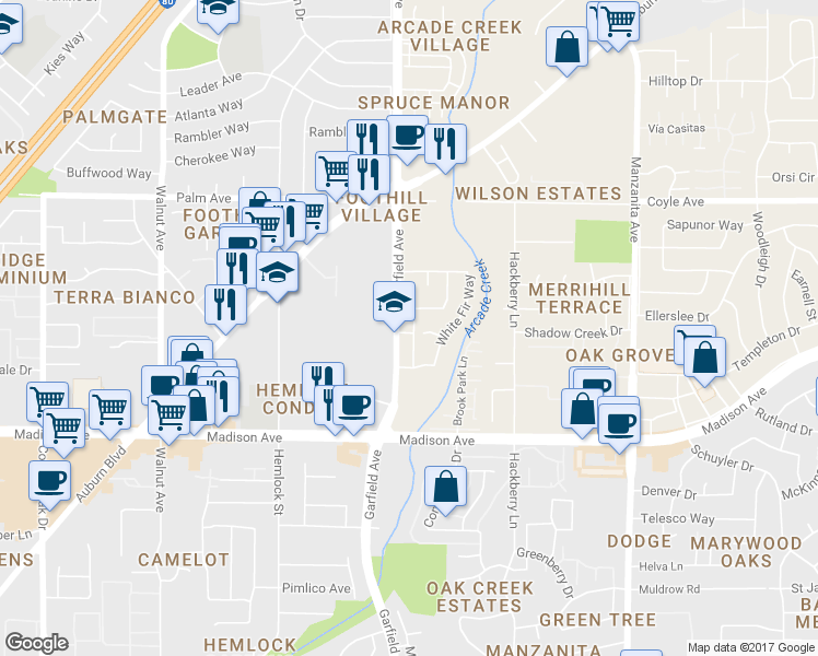 map of restaurants, bars, coffee shops, grocery stores, and more near 5364 Garfield Avenue in Sacramento