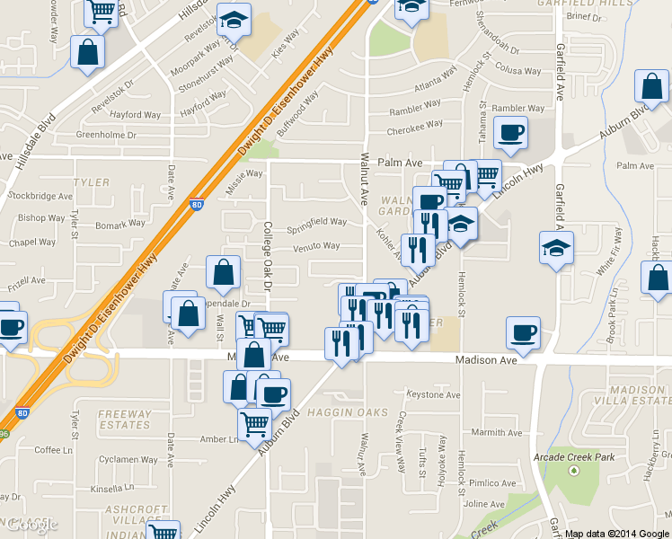 map of restaurants, bars, coffee shops, grocery stores, and more near 5341 Walnut Avenue in Sacramento