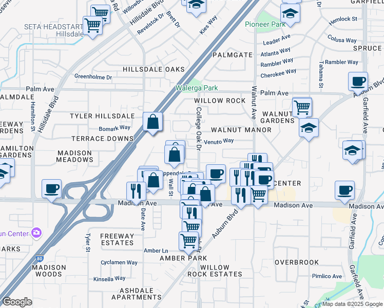 map of restaurants, bars, coffee shops, grocery stores, and more near 13 College Oak Drive in Sacramento