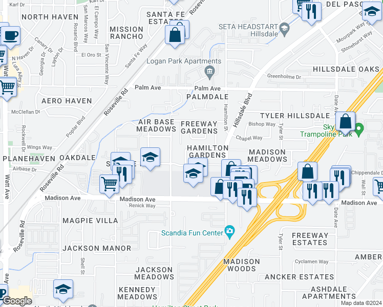 map of restaurants, bars, coffee shops, grocery stores, and more near 5325 Wallaby Way in North Highlands