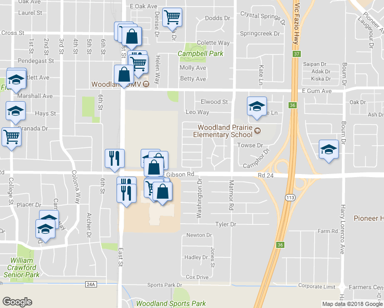 map of restaurants, bars, coffee shops, grocery stores, and more near 95 Signature Drive in Woodland