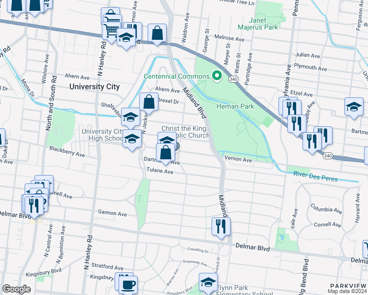 map of restaurants, bars, coffee shops, grocery stores, and more near 7245 Balson Avenue in University City