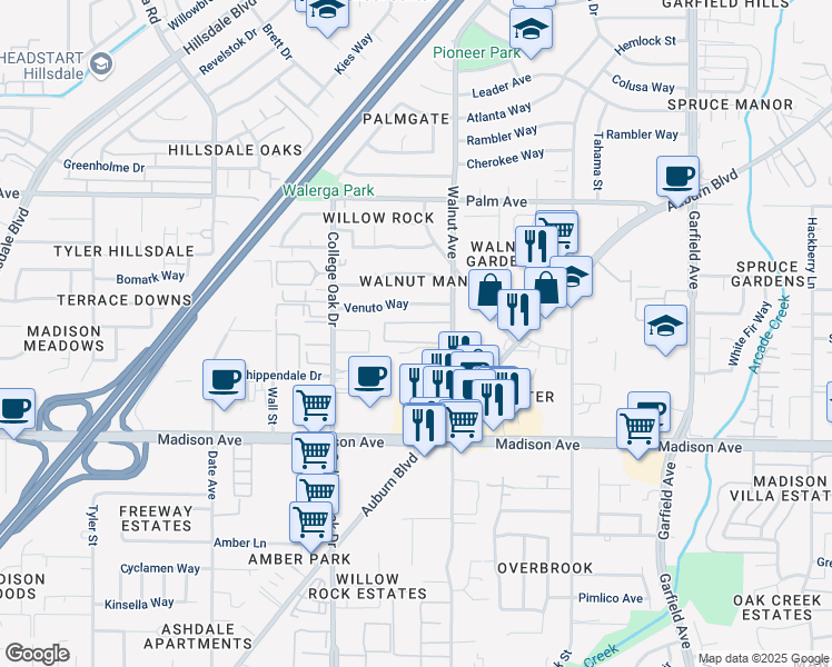 map of restaurants, bars, coffee shops, grocery stores, and more near 5341 Walnut Avenue in Sacramento