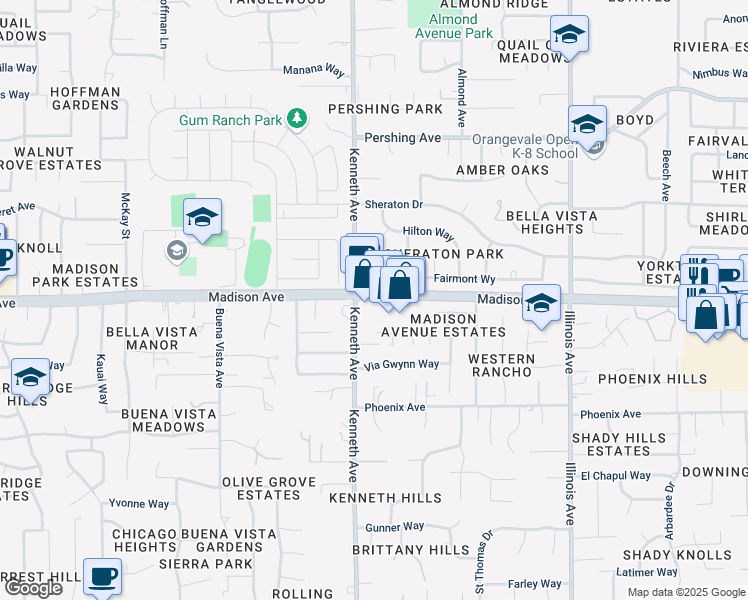 map of restaurants, bars, coffee shops, grocery stores, and more near 8510 Madison Avenue in Fair Oaks