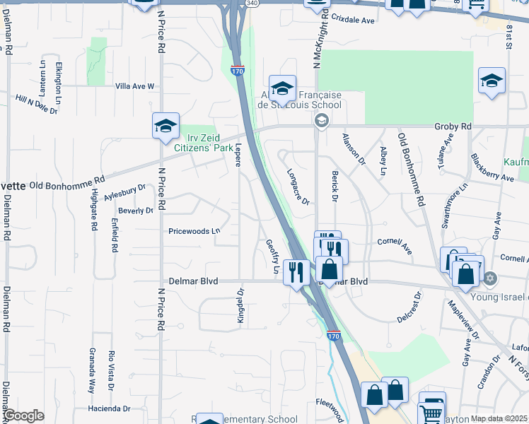 map of restaurants, bars, coffee shops, grocery stores, and more near 706 West Canterbury Road in St. Louis